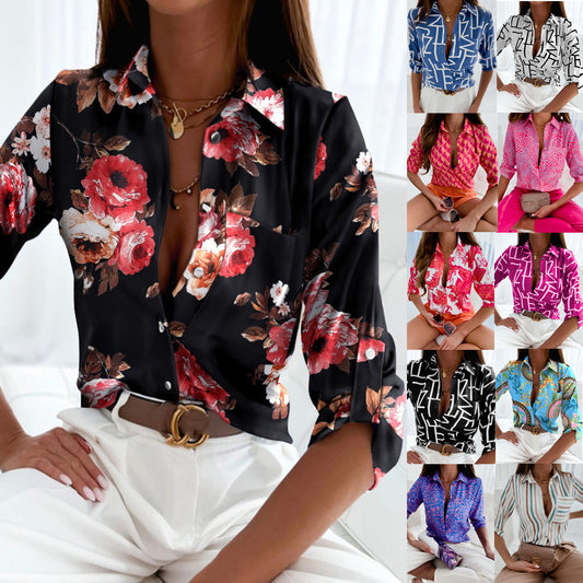 Spring And Autumn Top POLO Collar Long Sleeved Button Up Shirt Printed Shirt For Women