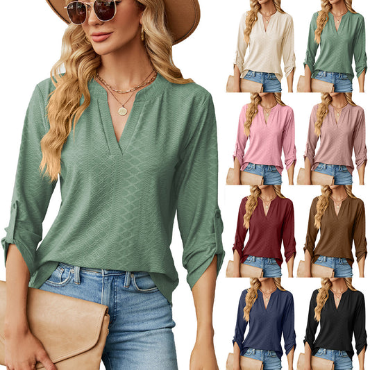 New Solid Color V-neck Three Quarter Sleeve Button Loose T-shirt Top For Women